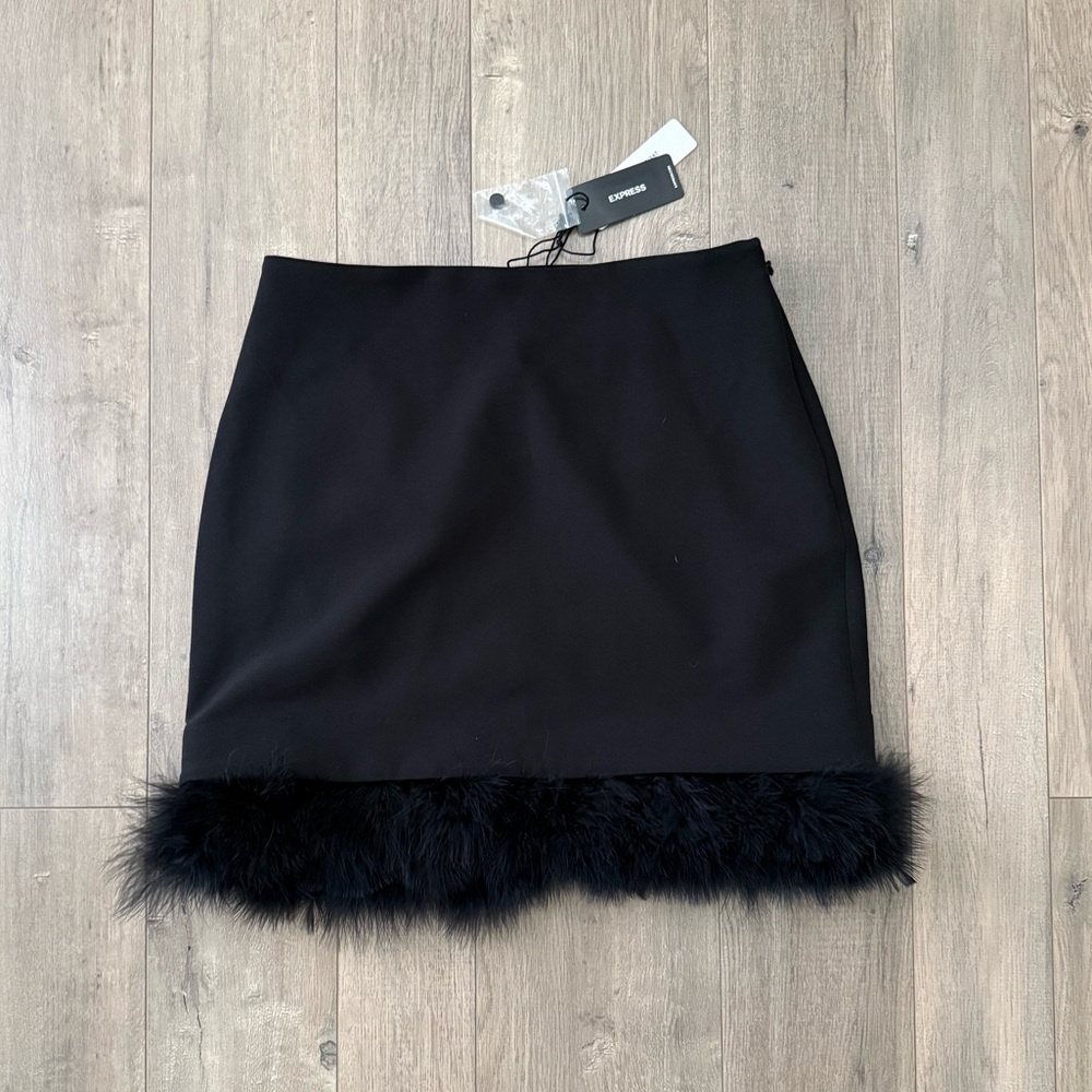Express Elegant Black Skirt with Faux Feather Hem NWT